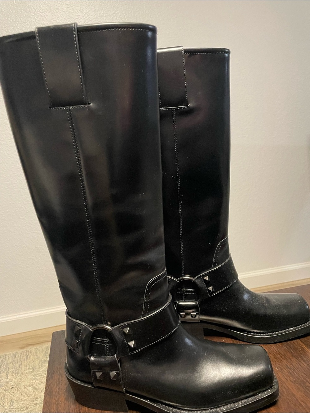 Valentino Garavani Black Leather Stud-Trim Tall Riding Boots
